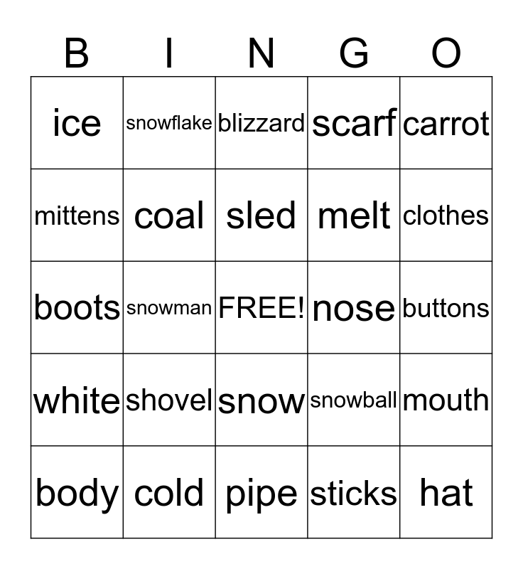 Snowman Bingo Card