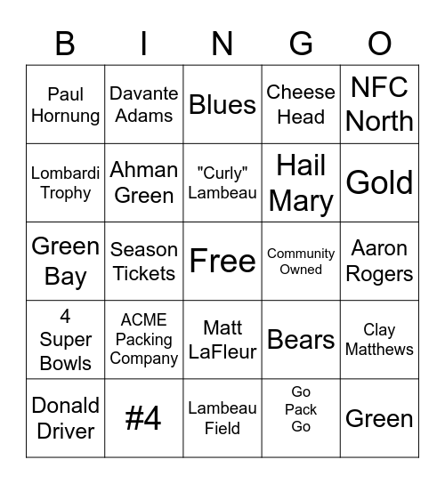 Packers Bingo Card