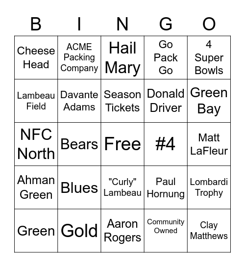 Packers Bingo Card