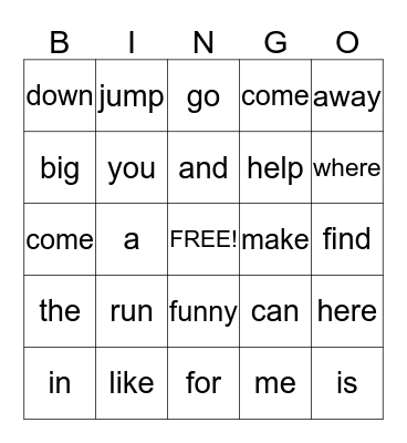 Sight words Bingo Card