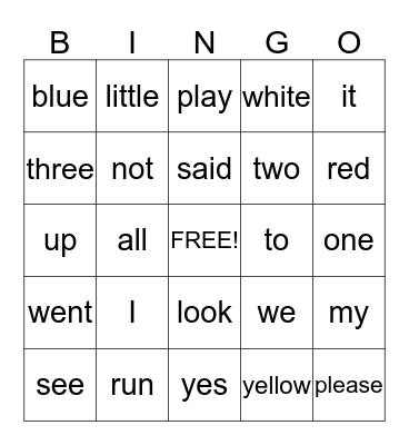 Sight words Bingo Card