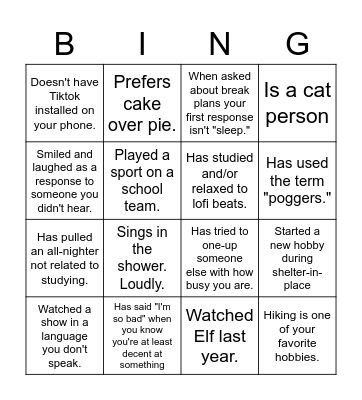 UCSD Intervarsity Human Bing Bingo Card