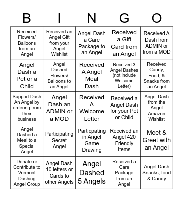 VERMONT DASHING ANGEL BINGO - January 2021 Bingo Card