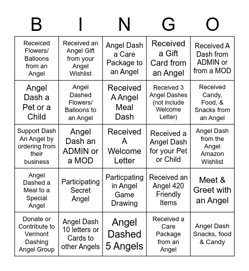 VERMONT DASHING ANGEL BINGO - January 2021 Bingo Card