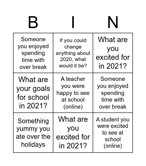 Welcome Back! Bingo Card