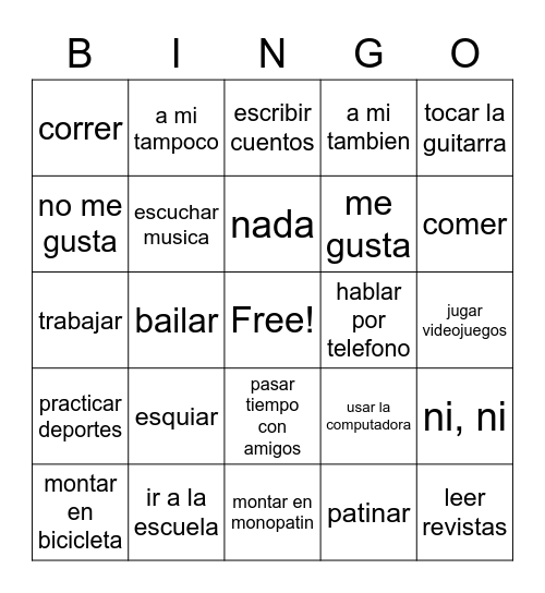 Que te gusta hacer Bingo Card