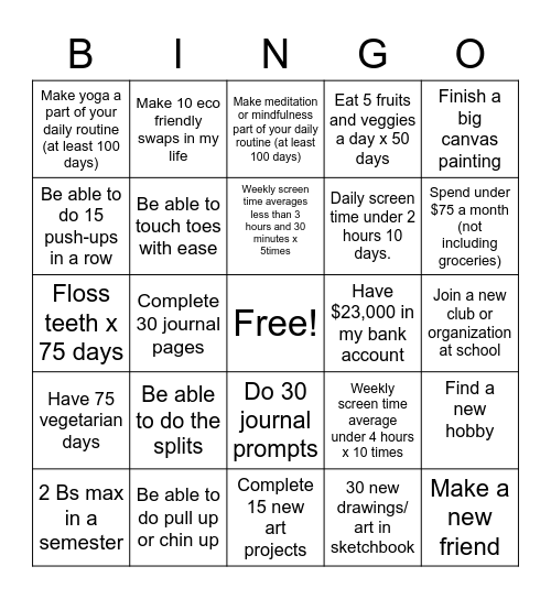 Paige's New Years Bingo Card