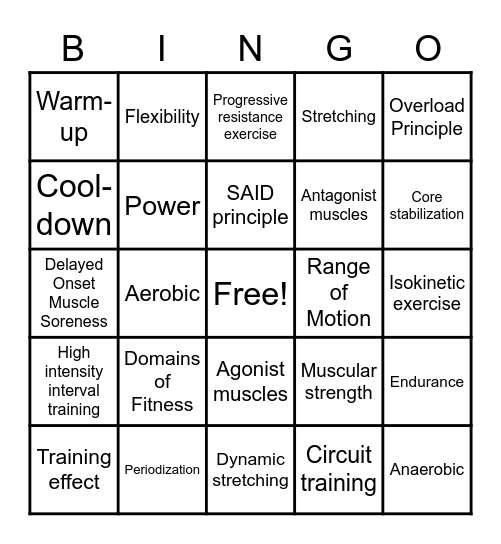 Training and Conditioning Bingo Card
