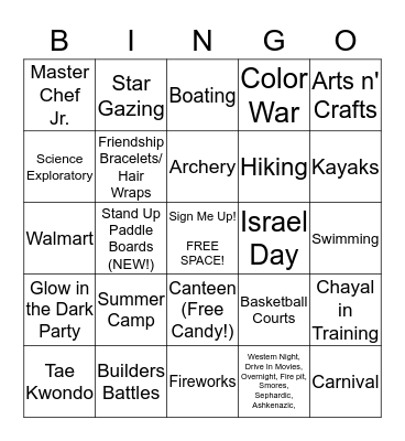 Sephardic Adventure Camp 2015 Bingo Card