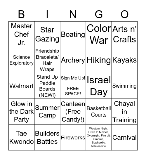 Sephardic Adventure Camp 2015 Bingo Card