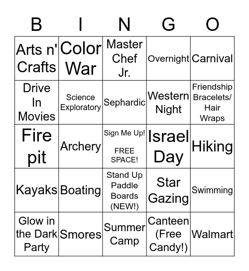 Sephardic Adventure Camp 2015 Bingo Card