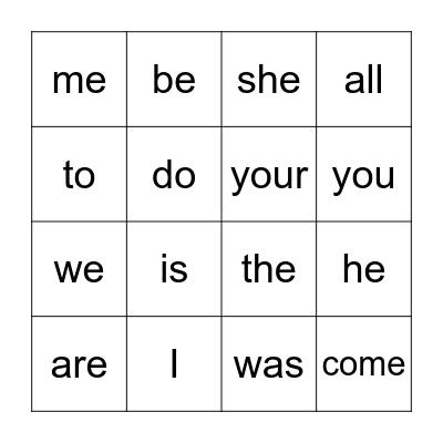 Sight Words Bingo Card