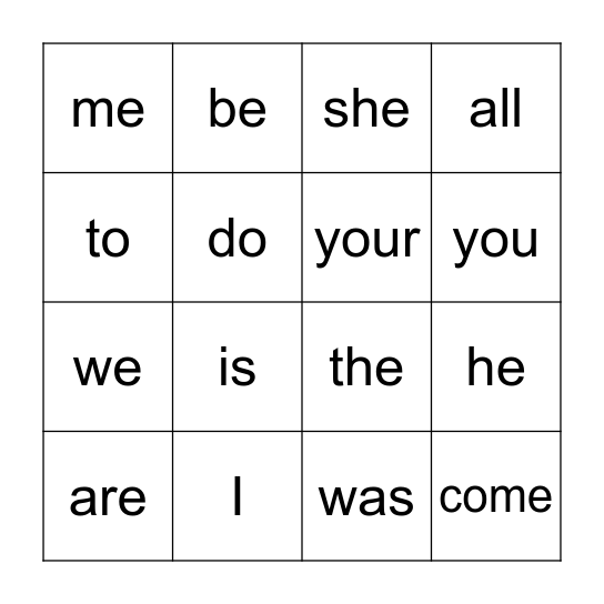 Sight Words Bingo Card