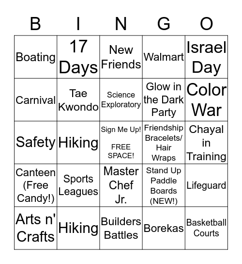 Sephardic Adventure Camp 2015 Bingo Card