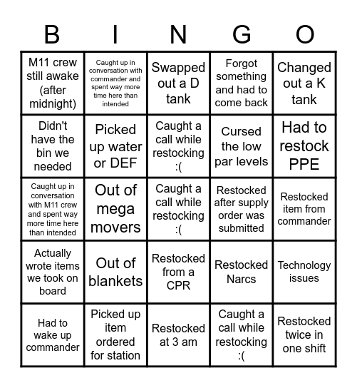 M11 Restock Bingo Card