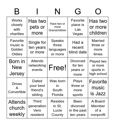 Vero Beach Singles Mingle Bingo Card