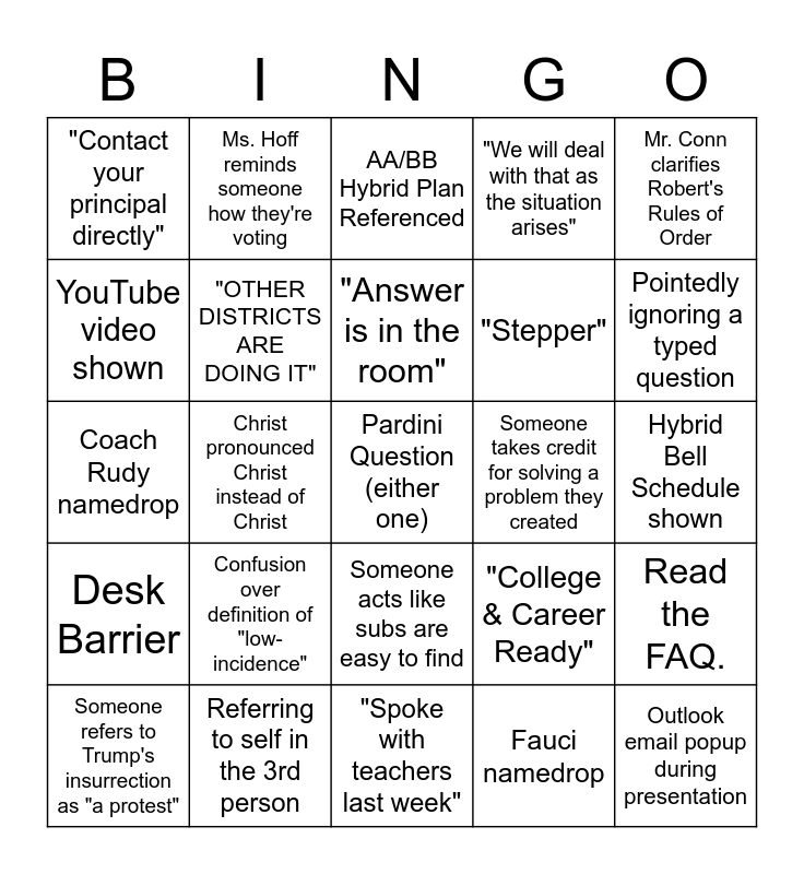 School Board 1/13/21 Bingo Card
