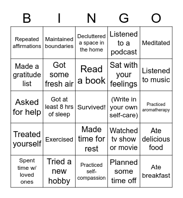 Self-Care Bingo Card