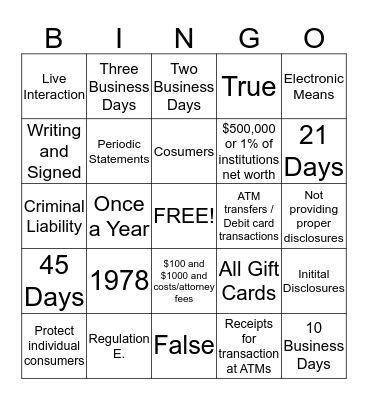 REG. E Bingo Card