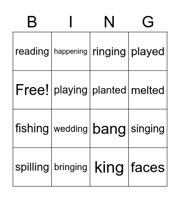 ang,ing,es,ed Bingo Card