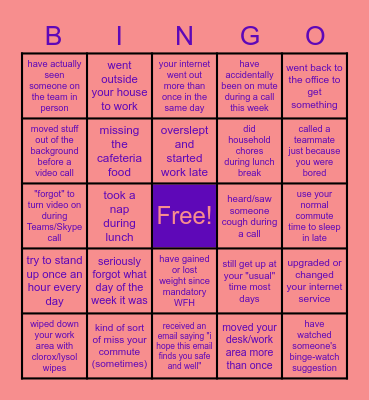 Work From Home Bingo Card