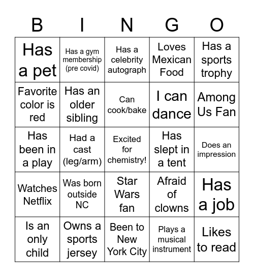 Getting to Know You Bingo Card