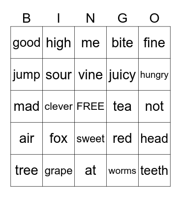 The Fox and The Grapes Bingo Card