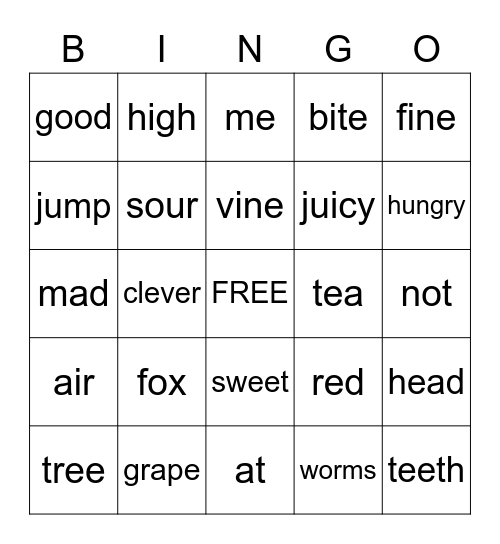 The Fox and The Grapes Bingo Card