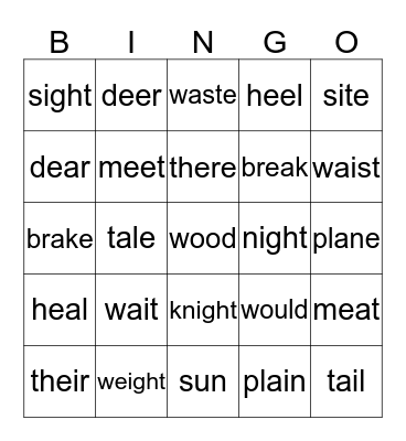 Homophones Bingo Card