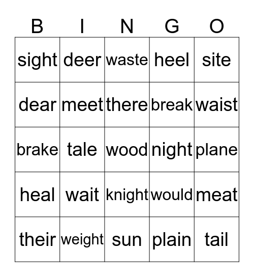 Homophones Bingo Card
