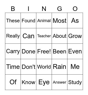 Lower Grade Sight Words Bingo Card
