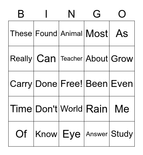 Lower Grade Sight Words Bingo Card