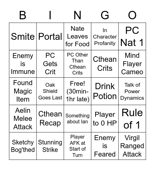 Dungeons and Bingo Card