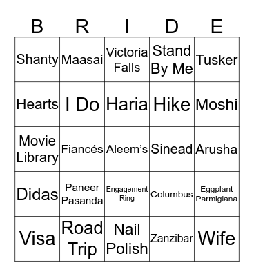 Sinead's Bridal Bingo Card