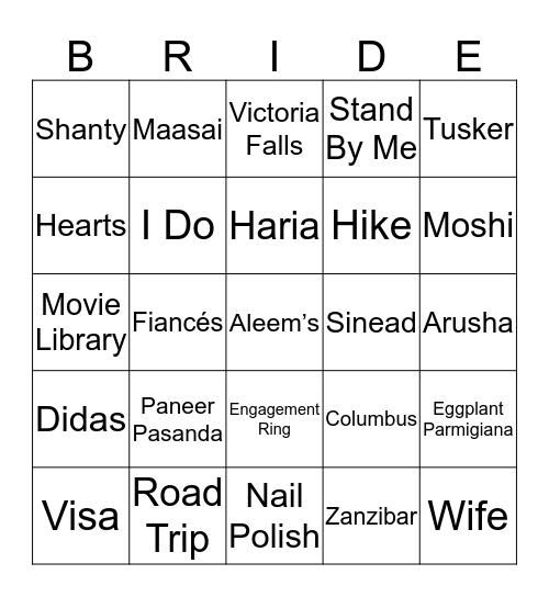 Sinead's Bridal Bingo Card