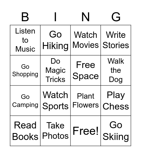 Hobbies Bingo Card