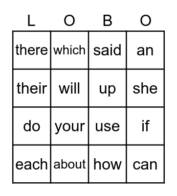 Yellow Sight Words Bingo Card
