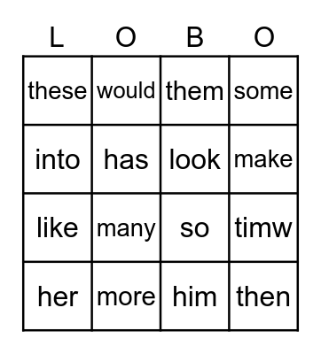 Green Sight Words Bingo Card