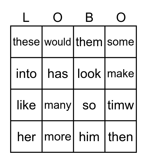 Green Sight Words Bingo Card