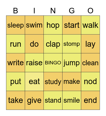 ACTION WORDS Bingo Card