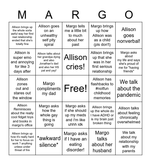 Adult Allison Meets her Childhood therapist Bingo Card