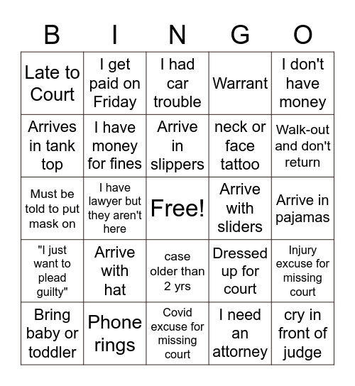 Municipal Court Bingo Card