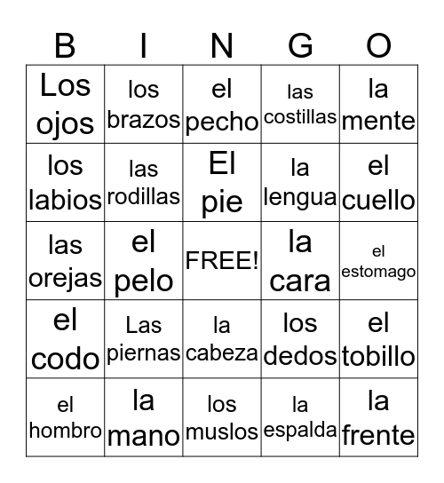 Partes del cuerpo Bingo Card