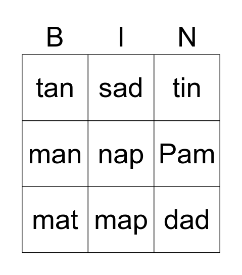 Words Bingo Card