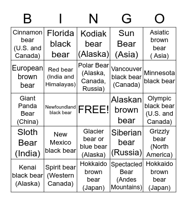 Bears Of The World Bingo Card