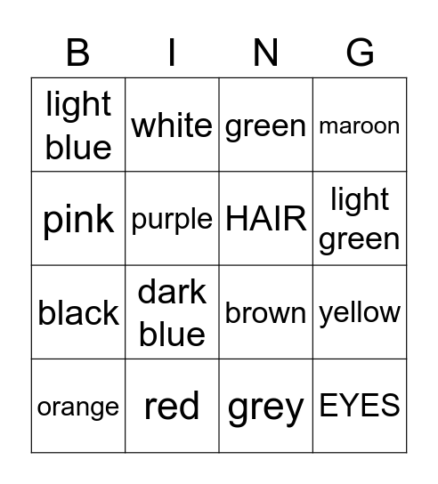 colours etc Bingo Card