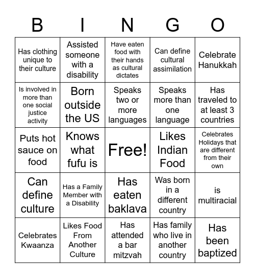 Cultural Bingo Card