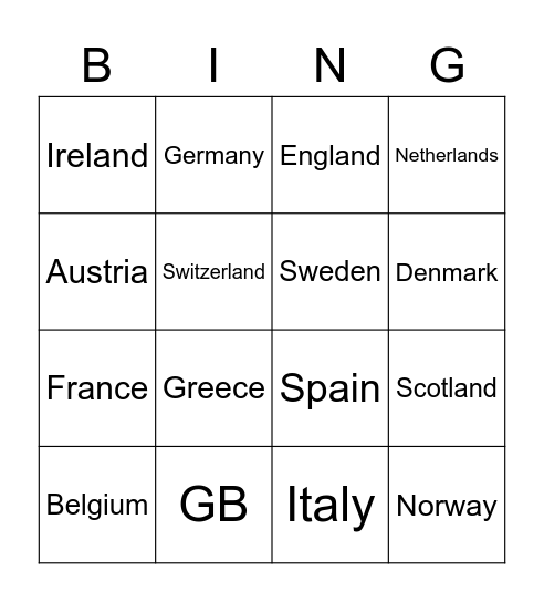 European Countries Bingo Card