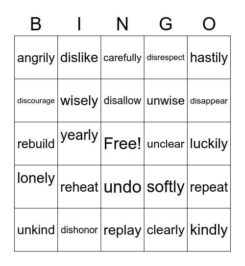 Suffix and prefix Bingo Card