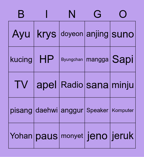 Ayu Bingo Card